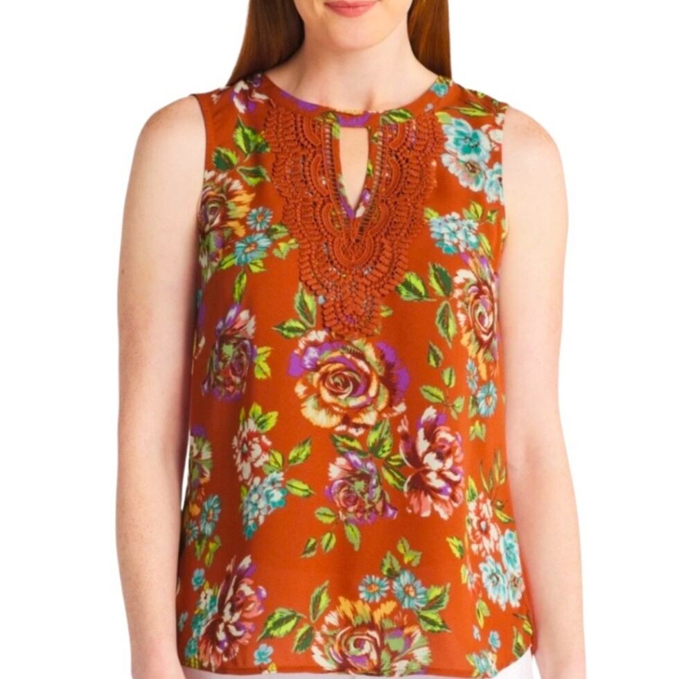 Daniel Rainn Floral Sleeveless Blouse w/ Crochet Detail | NEW| Size Medium